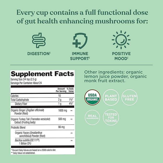 Four Sigmatic Gut Health Organic Herbal Tea | Organic Lemon Ginger Tea with Probiotics & Turkey Tail Mushroom | Instant Digestive Tea | Vegan, Gluten-Free | Lemon Ginger, 24 Servings - Bloomnest