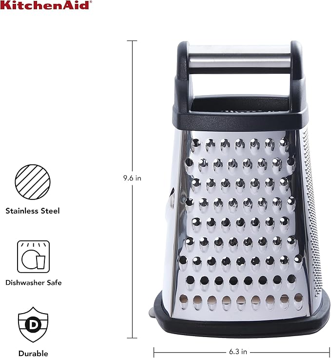 KitchenAid Gourmet 4-Sided Stainless Steel Box Grater for Fine, Medium and Coarse Grate, and Slicing, Detachable 3 Cup Storage Container and Measurment Markings, Dishwasher Safe, 10 inches tall, Black - Bloomnest