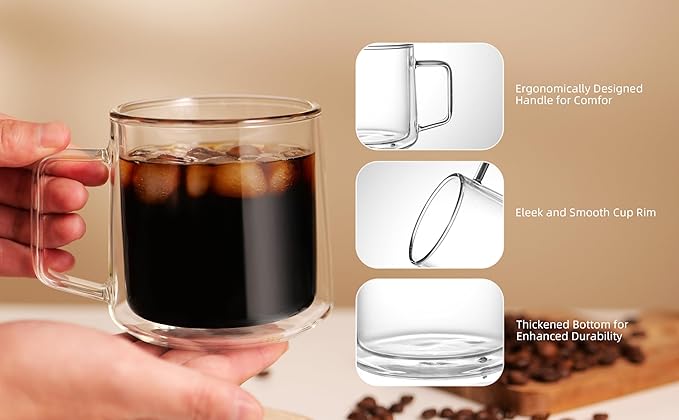 CNGLASS 15oz Double Walled Glass Coffee Mugs,Large Insulated Glass Mugs with Handle,Clear Coffee Cups for Espresso,Latte,Cappuccino,Tea,Set of 2 - Bloomnest