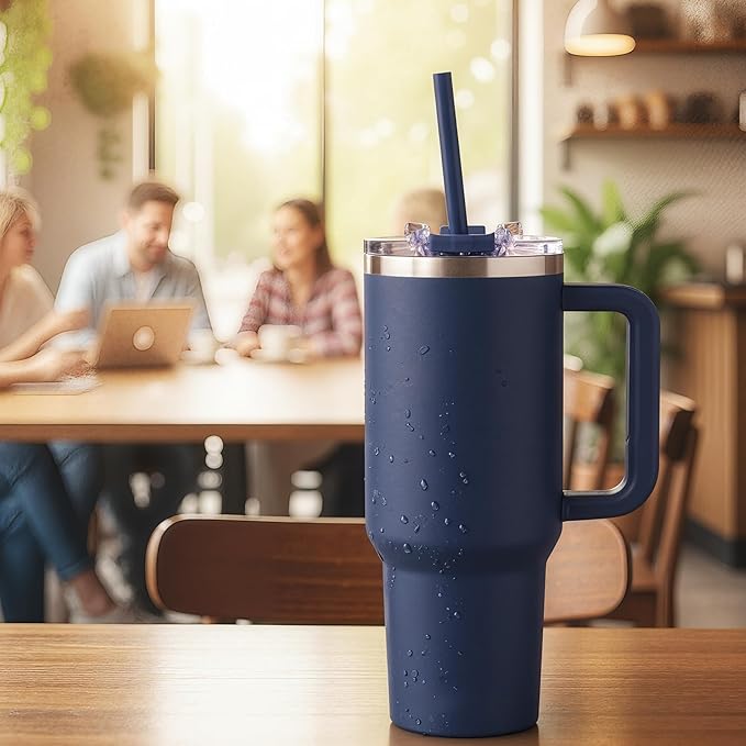 COKTIK 40 oz Tumbler With Handle and Straw Lid, Vacuum Insulated Travel Coffee Mug Stainless Steel Insulated Cup for Beverages, Leak-proof, Cupholder Friendly(Navy) - Bloomnest