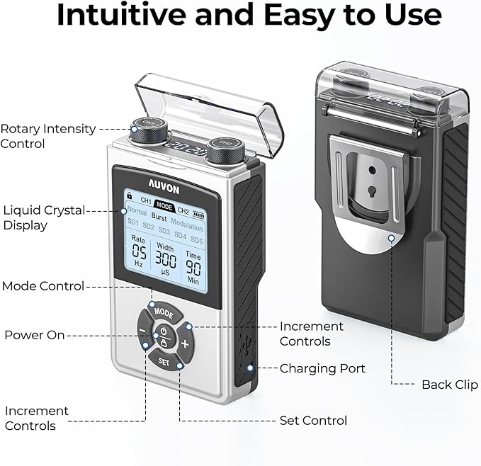 AUVON Rechargeable Digital TENS Unit Muscle Stimulator with 600 mAh Battery, TENS Machine with 8 Customizable Modes, Electric Massager for Shoulder, Back Pain Relief, 6 TENS Pads, A Carry Case AUVON