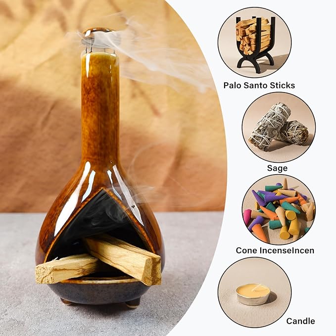 Premium Ceramic Palo Santo Holder - Mini Chiminea for Sage & Incense - High-Temperature (1200°C) Cleansing Design for Energy Purification - Perfect for Yoga, Meditation, and Aromatherapy - Bloomnest