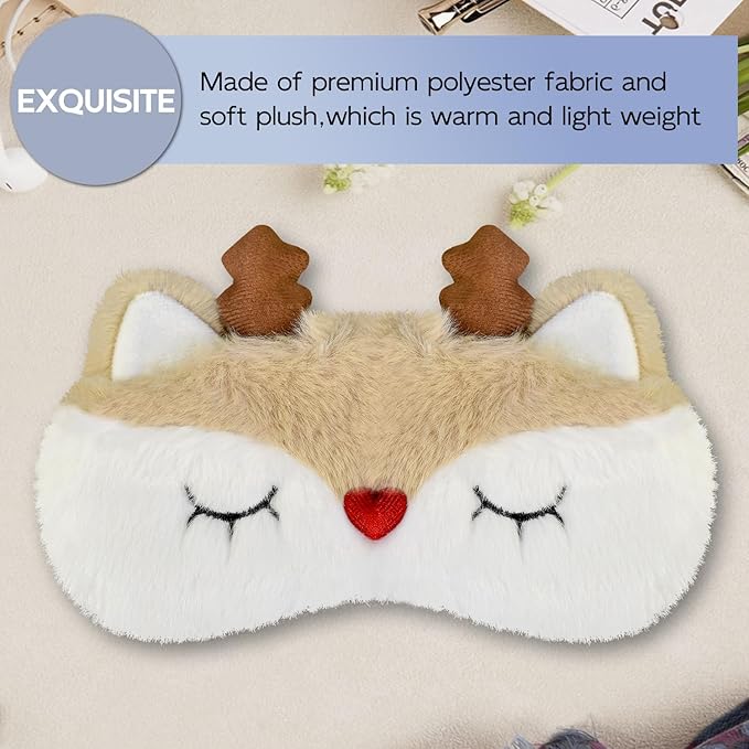 Christmas Reindeer Sleep Mask Cute Antler Eye Masks Sleeping Soft Plush Cartoon Blindfold Funny Animal Eye Cover Xmas Presents for Kids Girls and Adult (Xmas Reindeer,White) - Bloomnest
