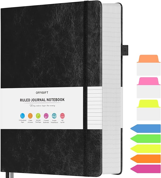 Lined Journal Notebook, Large A5 College Ruled Notebook, 312 Numbered Pages Work Notebook with Index Stickers, 100gsm Thick Paper, Hardcover Vegan Leather Journal for Women Men School Office, Black - Bloomnest