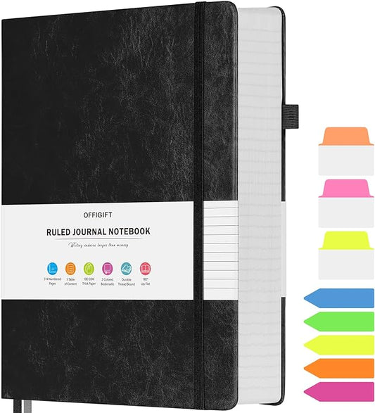Lined Journal Notebook, Large A5 College Ruled Notebook, 312 Numbered Pages Work Notebook with Index Stickers, 100gsm Thick Paper, Hardcover Vegan Leather Journal for Women Men School Office, Black - Bloomnest