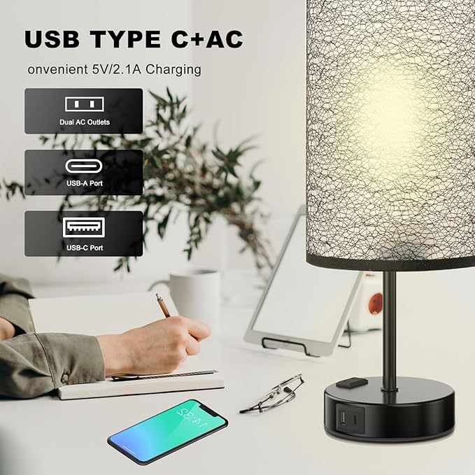 Table Lamp for Bedroom with Touch Control,Bedside Lamp with USB C+A Charging Ports& AC Outlets, Adjustable 3color LED Light for Home Decor/Nightstand/Bedroom/Office,Included Bulb - Bloomnest