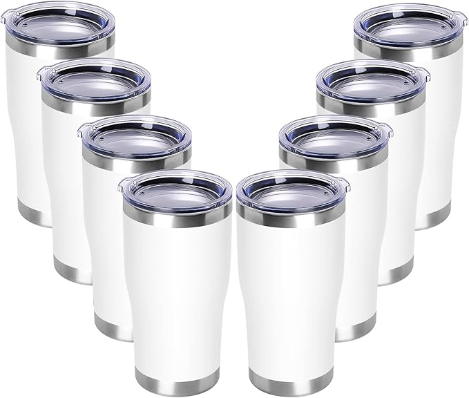 DOMICARE 20oz Tumbler with Lid Stainless Steel Tumblers Bulk, Double Wall Vacuum Insulated Coffee Travel Mug Powder Coated Tumbler, 8 Count (Pack of 1) White