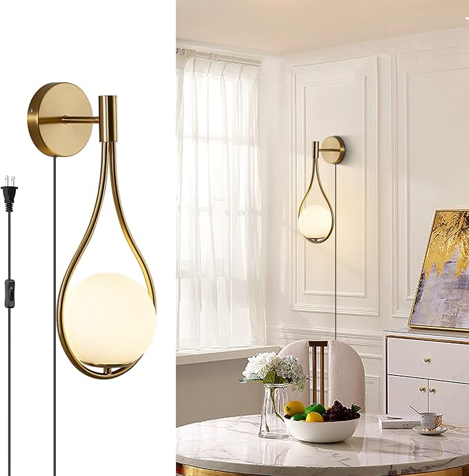 KCO Lighting Gold Globe Teardrop Wall Sconce Plug in Mid-Century Modern Glass Wall Mount Light Fixture Light Brushed Bathroom Vanity Light Fixture for Mirror Bedside Living Room - Bloomnest