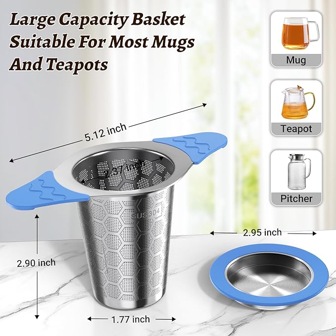 Tea Infuser for Loose Leaf Tea,18/8 Stainless Steel Tea Infuser with Heat Proof Silicone Handles,Extra Fine Mesh Tea Strainers Filter Fine Tea Leaves Effectively,Fits TeaPots/Mugs -Blue - Bloomnest
