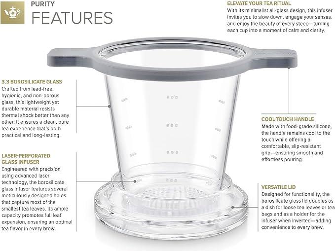 Teabloom Purity Loose-Leaf Tea Glass Infuser with Versatile Lid – 3.3 Borosilicate, Laser-Perforated Design, Universal Fit for Cups & Teapots, Toxin-Free Brewing, Ideal for Whole-Leaf Teas - Bloomnest