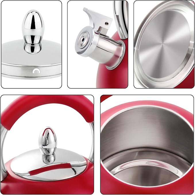 Whistling Tea Kettle for Stove Top Stainless Steel Tea Pot with Ergonomic Silicone Handle Teapot for Stovetop 3.2 Quart / 3 Liter Red - Bloomnest