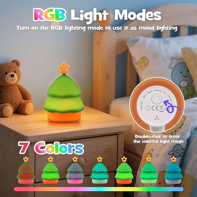 Squishy Christmas Tree Night Light with RGB Modes Dimmable Nursery Breastfeeding Nightlight Hangable Cute Christmas Lamp Novelty Rechargeable Silicone Touch Bedside Lamp for Bedroom Dorm Decor - Bloomnest
