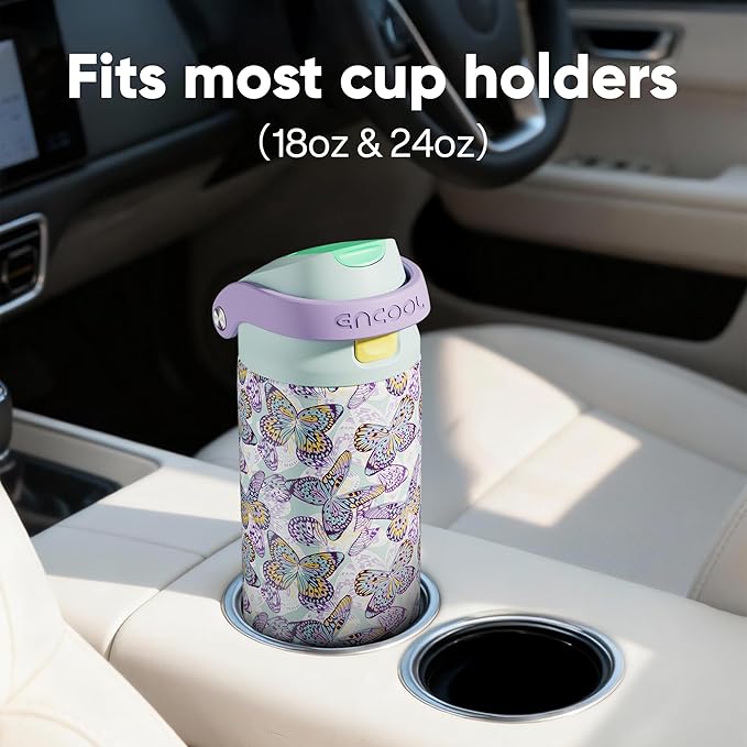 ENCOOL Leakproof Insulated Water Bottle with Straw Dual-Sip Water Bottle Bag-Safe Design for Work, Commute & Gym – Keeps Drinks Cold All Day, 24 oz, Mosaic Butterfly ENCOOL
