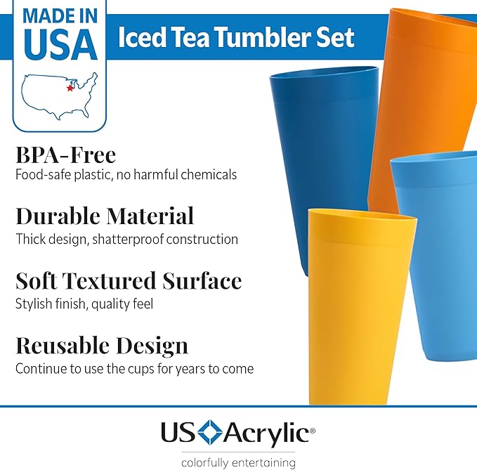 US Acrylic Newport 32 ounce Unbreakable Plastic Stackable Iced-Tea Tumblers in 4 Sunrise Colors | Set of 12 Drinking Cups | Reusable, BPA-free, Made in the USA, Top-rack Dishwasher and Microwave Safe - Bloomnest
