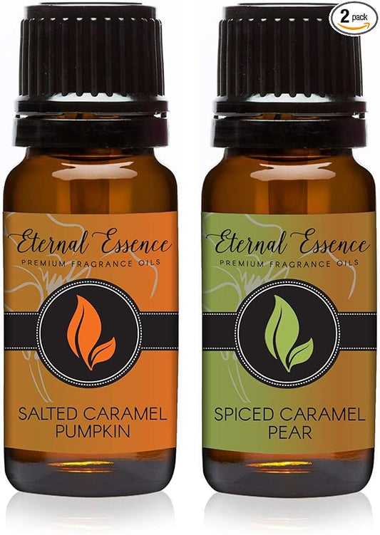 Eternal Essence Oils 2 Pack 10ml Premium Fragrance Oil - Salted Caramel Pumpkin & Spiced Caramel Pear - for Candle, Soap Making, Aromatherapy, Diffusers, Home Care, & Humidifiers EternalEssenceOils
