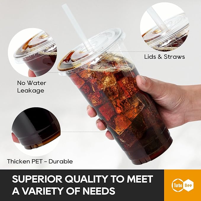 Turbo Bee 50 Sets 32 OZ Clear Plastic Cups with Lids and Straws, Disposable To Go Iced coffee cups with lids for Cold Drinks, Smoothie, and Slushie - Bloomnest