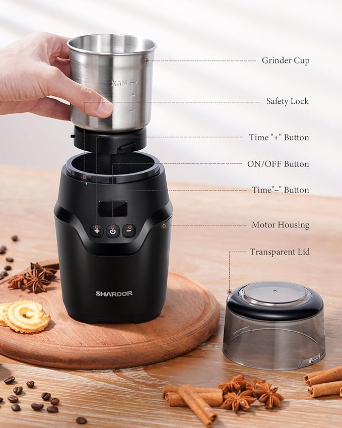 SHARDOR Adjustable Coffee Grinder Electric, Super Silent Electric Coffee Bean Grinder with Time-Memory Adjustment and Multi-Functional Stainless Steel Cup for Spices, Herbs, and Nuts Grinding, Gray - Bloomnest
