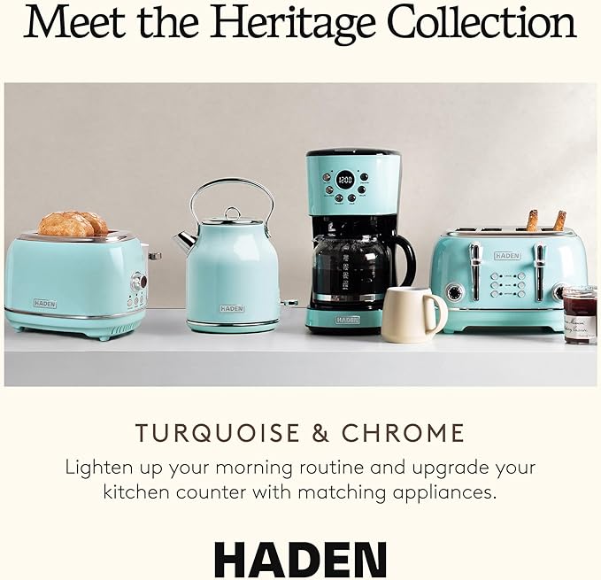 Haden Heritage 1.7 Liter Stainless Steel Electric Kettle, Hot Water Kettle with 360-Degree Base and Auto Shutoff, Turquoise & Chrome - Bloomnest