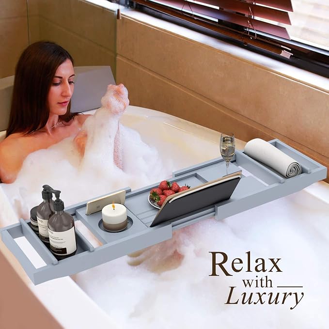 Domax Bathtub Caddy Tray Expandable Bamboo Tub Tray for Luxury Bath with Book Holder and Free Soap Dish (Gray, 29.4"-44.2"x 9.1"x1.65") - Bloomnest