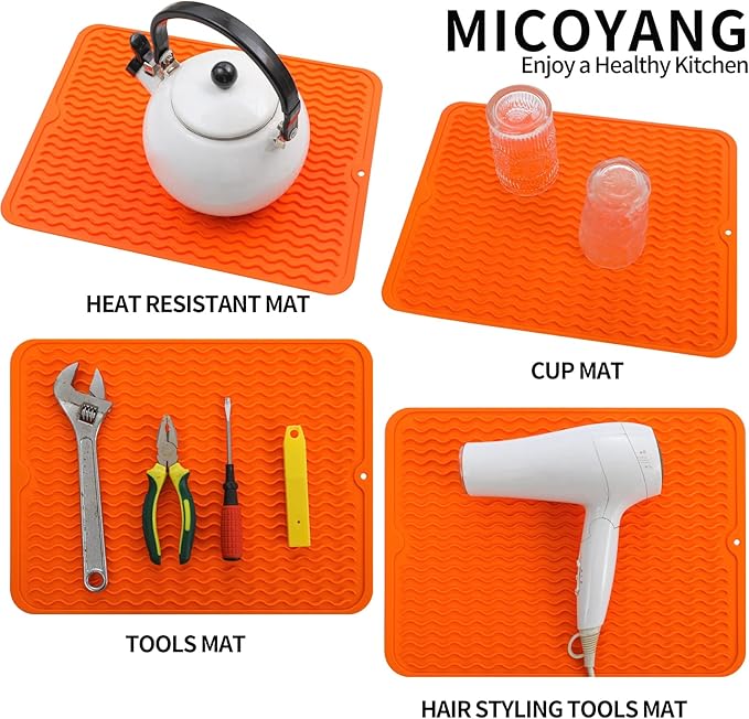 Silicone Dish Drying Mat for Multiple Usage,Easy clean,Eco-friendly,Heat-resistant Silicone Mat for Kitchen Counter or Sink,Refrigerator or drawer liner Orange L 16 inches x 12 inches - Bloomnest
