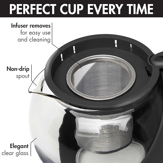 Primula Half Moon Teapot with Removable Infuser, Glass Tea Maker with Reusable Fine Mesh Stainless Steel Filter, Dishwasher Safe, 40-Ounce, Black