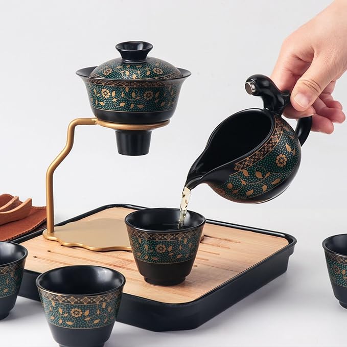 Bsigo Lazy Kungfu Ceramic Tea Set Semi Automatic Drip Rotating with Infuser Ceramic Teapot Set (4 cups), Magnetic Water Diversion Semi-Automatic Teapot Set Chinese Gongfu Porcelain Tea Pot Set - Bloomnest