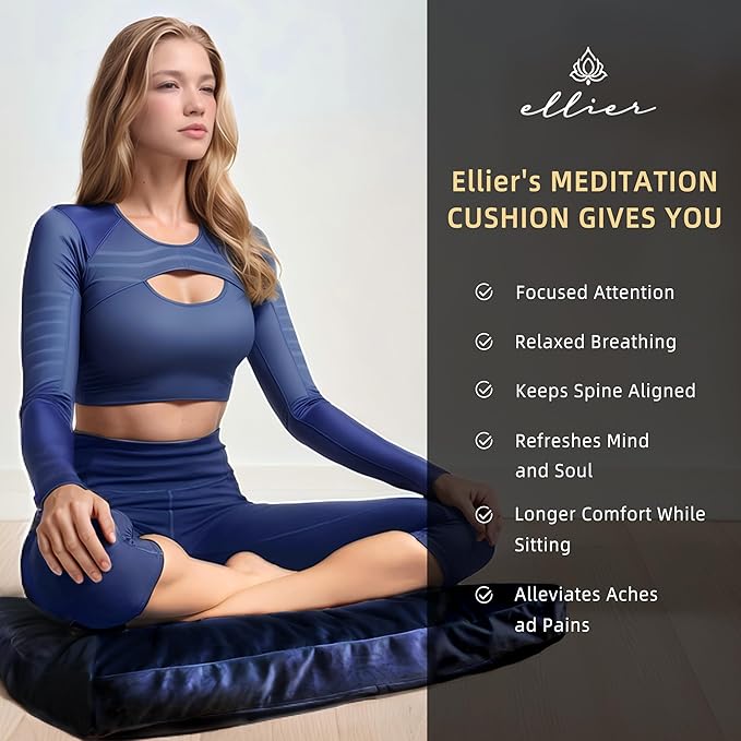Zafu & Zabuton Meditation Cushion Set - Buckwheat Hull & Memory Foam Pillows, Ergonomic Support for Yoga, Mindfulness - Organic Velvet Cover, Large Size, Durable Comfort (Dark Blue) - Bloomnest