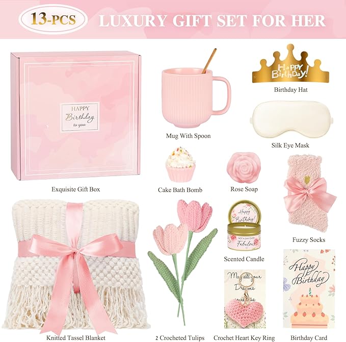 Birthday Gifts for Women - 13PCS Unique Happy Birthday Gifts Basket for Mom Her Best Friend Sister Wife Girlfriend Coworker - Relaxing Spa Self Care Package Get Well Soon Gifts Set (Rose) - Bloomnest