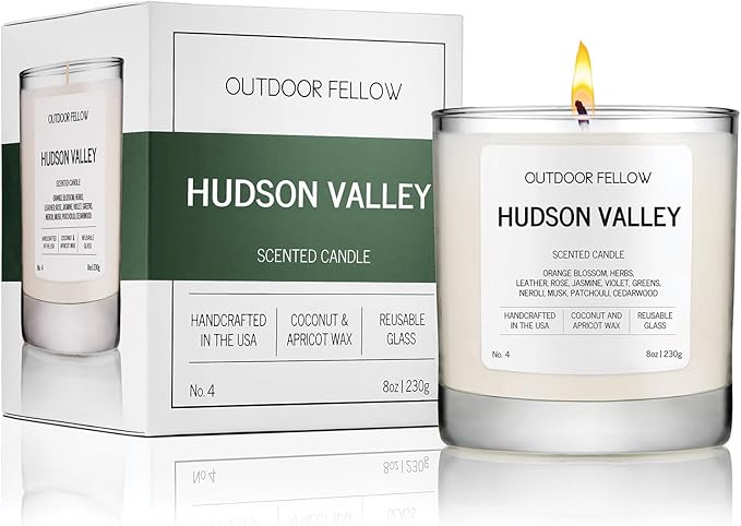 Outdoor Fellow Hudson Valley Scented Candle, 8oz, Coconut & Apricot Wax Blend, Orange Blossom, Jasmine, Patchouli, Reusable Glass, 40-50 Hour Burn Time - Bloomnest