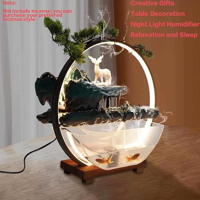 17Inch Mini Fish Tank Tabletop Decoration Indoor Waterfall Fountains Humidifier with LED Light and Atomizer Mist, Water Fountain Japanese Zen Decor Meditation Fake Plants Bonsai Gift - Bloomnest