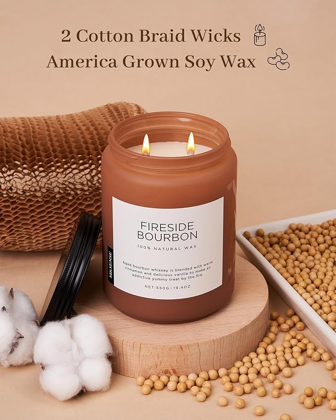 M&SENSE Fireside Bourbon Scented Candles, 2 Wick Jar Candle 19.4oz 110 Hour Long Lasting, Organic Natural Soy Wax Candle for Bedroom Kitchen Home Decor, Warm Housewarming Gifts for Men Women - Bloomnest