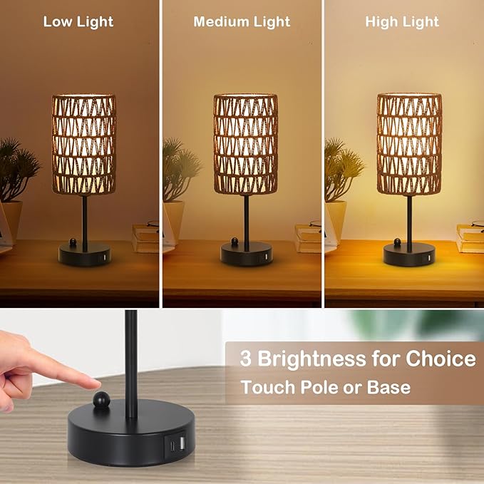 Bedside Lamps Set of 2, Touch Control Night Stand Lamp for Bedroom with Rattan & Linen Shade & Bulbs, 3 Way Dimmable Small Boho Table Lamps with USB Charging Port & Phone Stand (Coffee Color) - Bloomnest