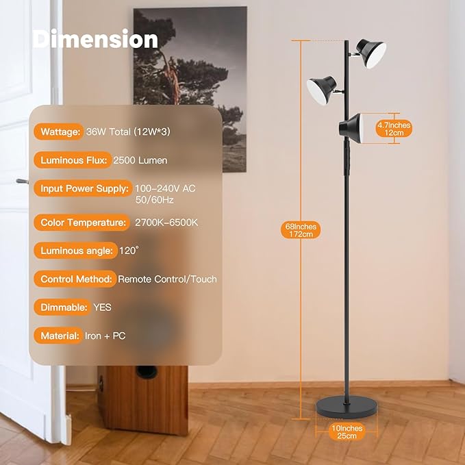 LED Floor Lamp, 36W Modern Floor Lamp with Remote & Touch Control, 4 Color Temperatures, Standing Lamp with 3 Rotatable Lights, Floor Lamps for Living Room, Bedroom, Office - Bloomnest