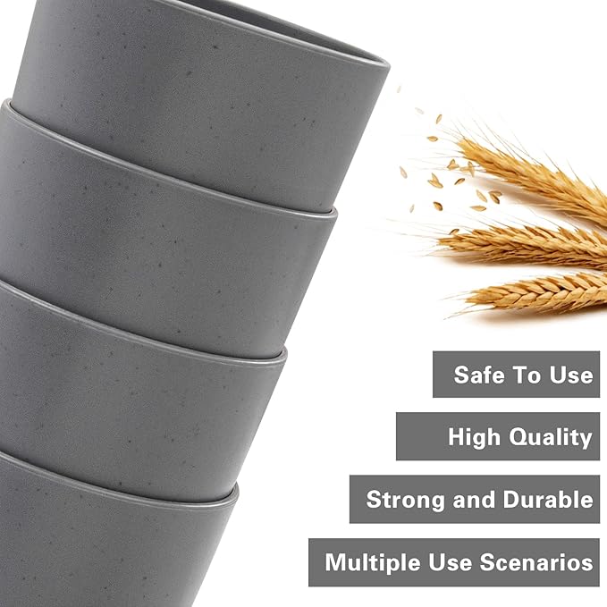EI 8pcs Dark Grey Wheat Straw Cups,Unbreakable Plastic Reusable Cups,Plastic Tumbler Cups for Kitchen,Dishwasher Safe Water Glasses for Water, Coffee, Juice, Tea - Bloomnest