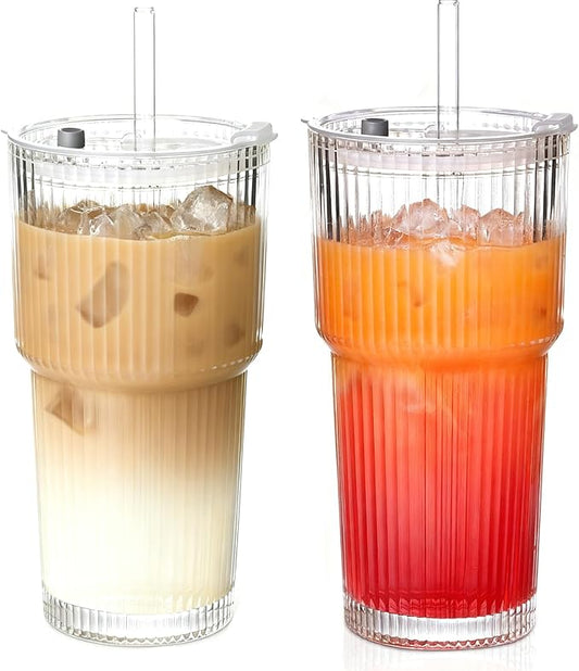 20OZ Glass Tumbler with Straw and Lid,Glass Cups with Lids and Straws,2PCS Ribbed Iced Coffee Cups Vintage Glassware for Juice Whiskey Cocktail Beer