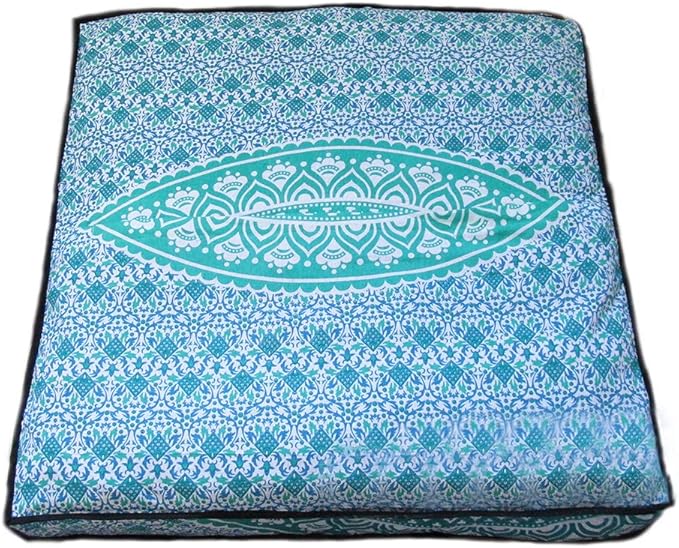 INDIAN CRAFT CASTLE ICC 24" Green Ombre Mandala Barmeri Large Floor Pillow Cover Cushion Meditation Seating Ottoman Throw Cover Hippie Decorative Zipped Bohemian Pouf Ottoman Pom Pom Cases 24" Square - Bloomnest
