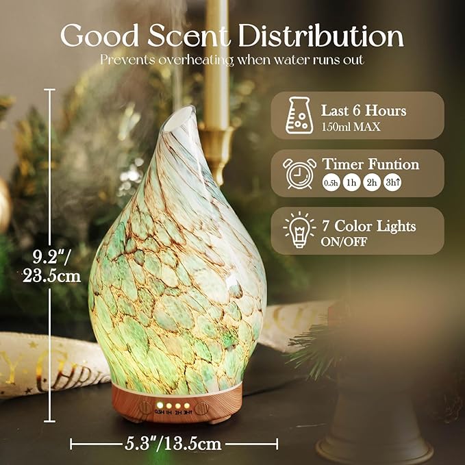 Porseme 150ml Glass Essential Oil Diffuser Aromatherapy Ultrasonic Cool Mist Humidifier 6 Running Hours Waterless Auto-Off Air Diffusers for Sleeping,Yoga,Office Working Spa and Rest (Light Blue) - Bloomnest