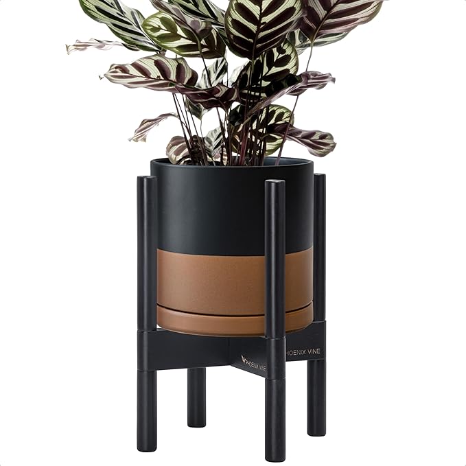 D'vine Dev Ceramic Planter with Ebony Stand - 8 Inch Modern Round Flower Pot with Wood Planter Holder, Black/Speckled Tan, 55-B-M-7 - Bloomnest