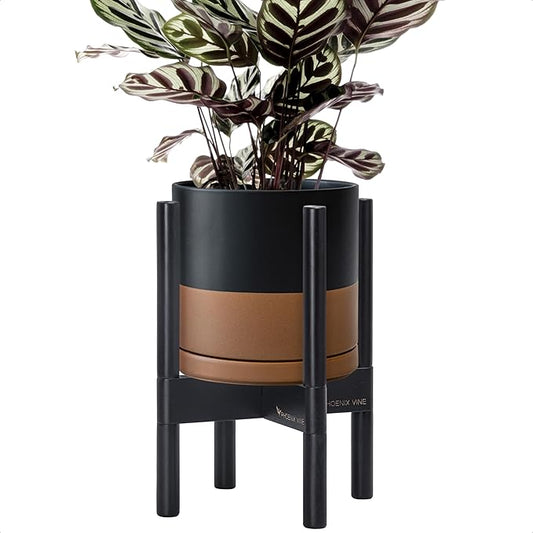 D'vine Dev Ceramic Planter with Ebony Stand - 8 Inch Modern Round Flower Pot with Wood Planter Holder, Black/Speckled Tan, 55-B-M-7 - Bloomnest