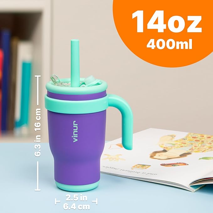 VINUR Kids Tumbler with with Lid and Straw -14 oz Stainless Steel Vacuum Insulated Tumbler Travel Mug with Handle & Silicone Base-Gifts for Girls, Purple - Bloomnest