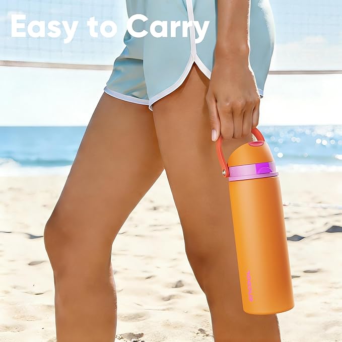 Insulated Water Bottle with Straw - Encool Stainless Steel Water Bottle with Push Button Lid, Leak-Proof & BPA-Free, Keeps Cold for 24 Hours for Sports, Travel, Gym (32 oz, Tiger Eye) ENCOOL