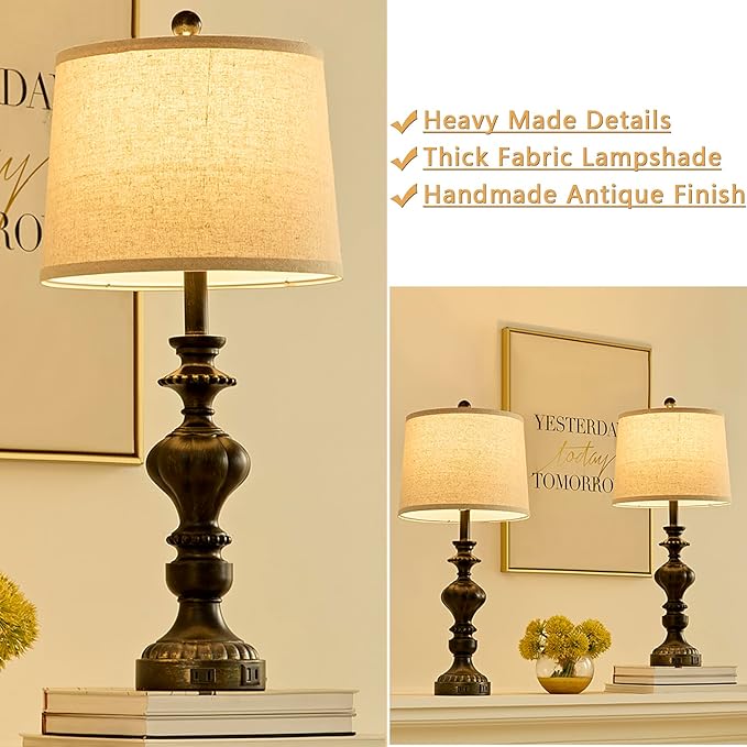 27.5" Farmhouse Table Lamps Set of 2 Bedside Nightstand Lamp with USB C+A Ports & AC Outlet, 3 Way Dimmable Touch Lamps for Bedroom Living Room Office Rustic Lamp (Rotary Switch-Black) - Bloomnest