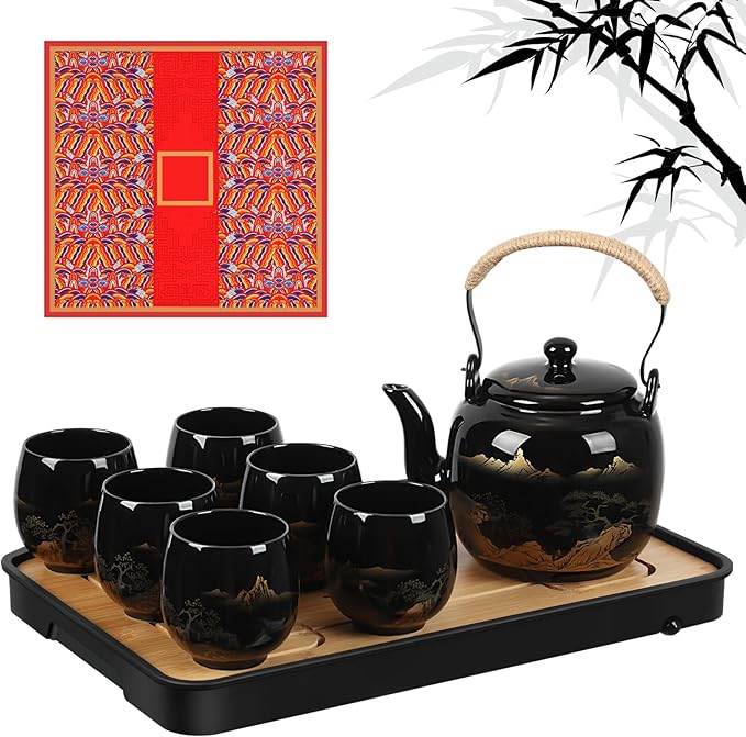 Hushee Japanese Tea Set in Gift Box Asian Porcelain Tea Set with 1 Teapot, 6 Cups, 1 Tray, 1 Stainless Infuser, Black Ceramic Chinese Teapot Christmas Winter Gift for Adult Lover - Bloomnest