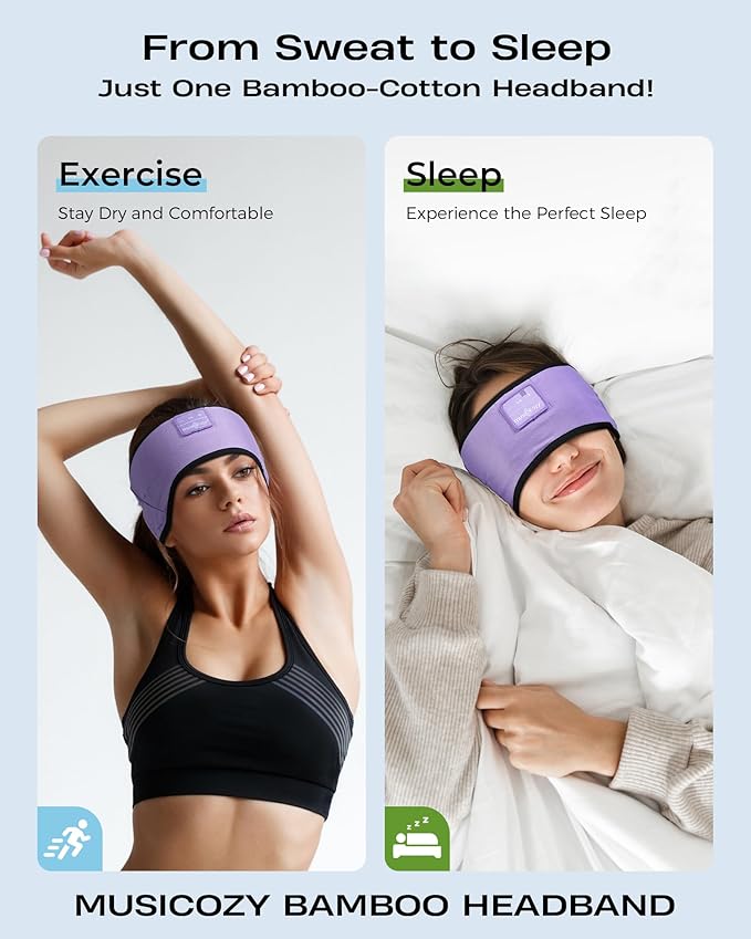 MUSICOZY Sleep Headphones Soft Bamboo Cotton Headband Headphones for Sleeping, Sleep Headphone Wireless Bluetooth 5.4 with Ultra-Thin HD Stereo Speaker for Unique Gifts(Lavender Purple) - Bloomnest