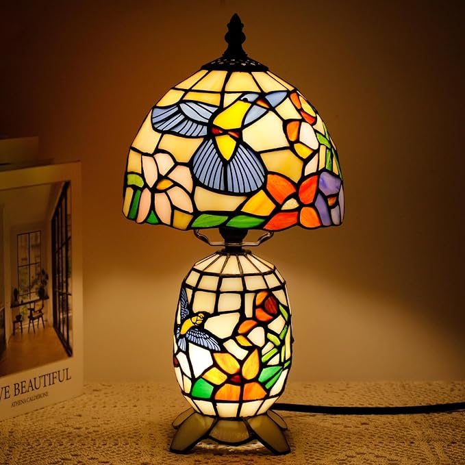Small Tiffany Lamp Stained Glass Table Lamp Mini Mother Daughter Vase Desk Accent Light for Bedroom Bedside Reading Home Antique Style Decor 8X14 Inches (Hummingbird) - Bloomnest