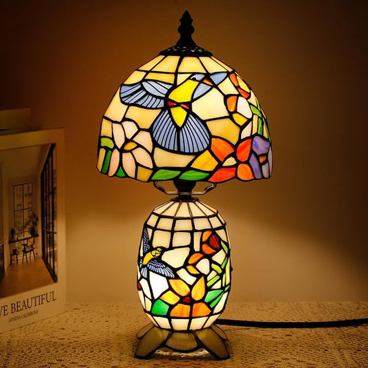 Small Tiffany Lamp Stained Glass Table Lamp Mini Mother Daughter Vase Desk Accent Light for Bedroom Bedside Reading Home Antique Style Decor 8X14 Inches (Hummingbird) - Bloomnest