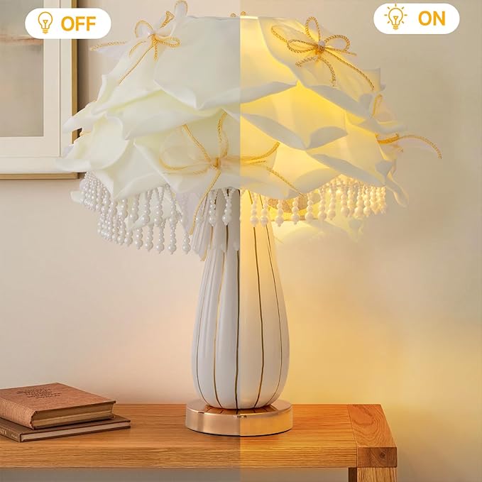 White Flower Girls Table Lamp Modern Princess Desk Lamp Cute Bow Bedside Lamp Nordic Nightstand Petal Light for Bedroom Valentines Dating Wedding Living Room Entry Office Study Room - Bloomnest