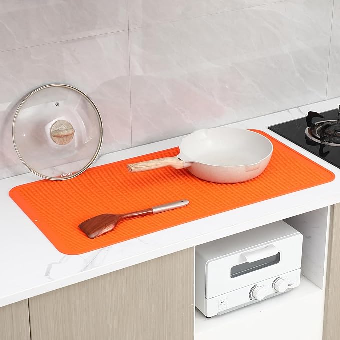 Silicone Dish Drying Mat for Multiple Usage,Easy clean,Eco-friendly,Heat-resistant Silicone Mat for Kitchen Counter or Sink,Refrigerator or Drawer Liner Orange 5XL 36inches x 18inches - Bloomnest
