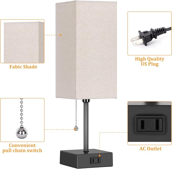 15'' Table Lamp for Bedroom set of 2,3-Color Bedside Lamps with Pull Chain Table Lamps for Night stands with AC Outlet,Small Night Light Lamps with 2 Bulbs Lamps for Living Room Kids Room Office Decor - Bloomnest