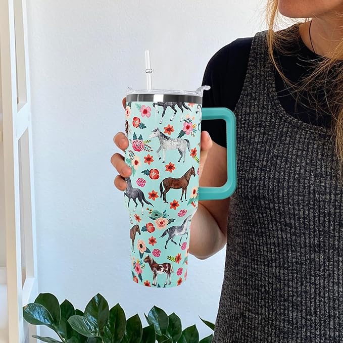 Ceovfoi 40 Oz Horse Tumbler With Handle, Coffee Travel Mug Cup Water Bottle, Horse Decor, Gifts for Women - Bloomnest